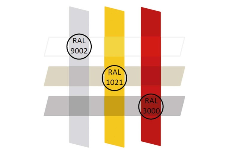 Zobrazení barev RAL 9002, 1021 a 3000