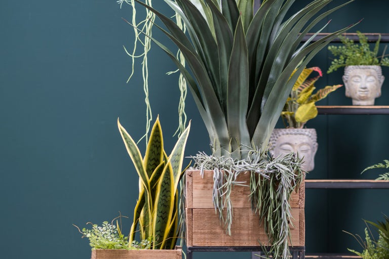 Dekorativní rostlinná aranžmá s různými umělými rostlinami v dřevěných bednách a květináče s hlavou Buddhy na polici.