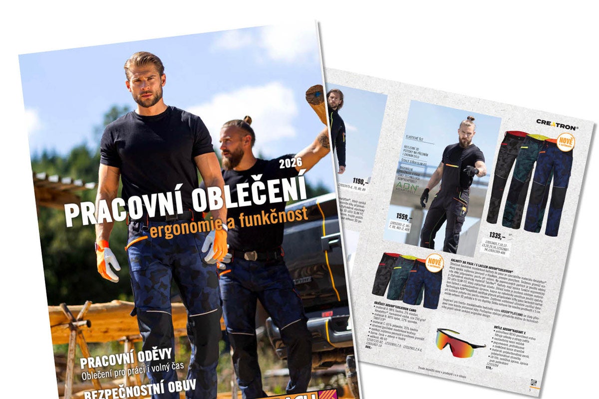 Stránka katalogu pracovního oblečení s muži v maskáčových kalhotách a černých tričkách, různé modely kalhot a ochranné brýle.