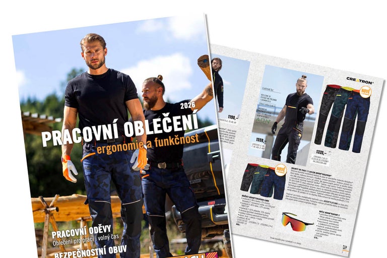 Stránka katalogu pracovního oblečení s muži v maskáčových kalhotách a černých tričkách, různé modely kalhot a ochranné brýle.