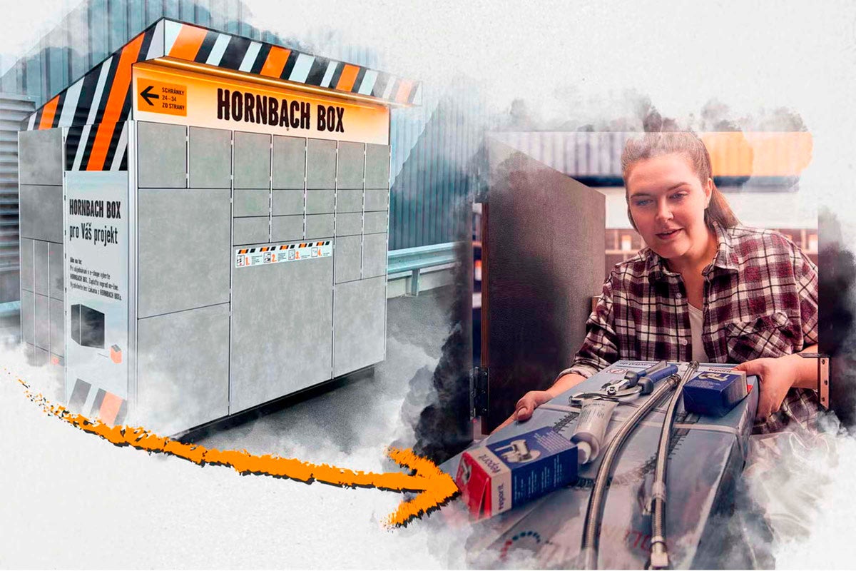 Žena si vyzvedává objednávku z výdejního boxu Hornbach Box s různě velkými schránkami.
