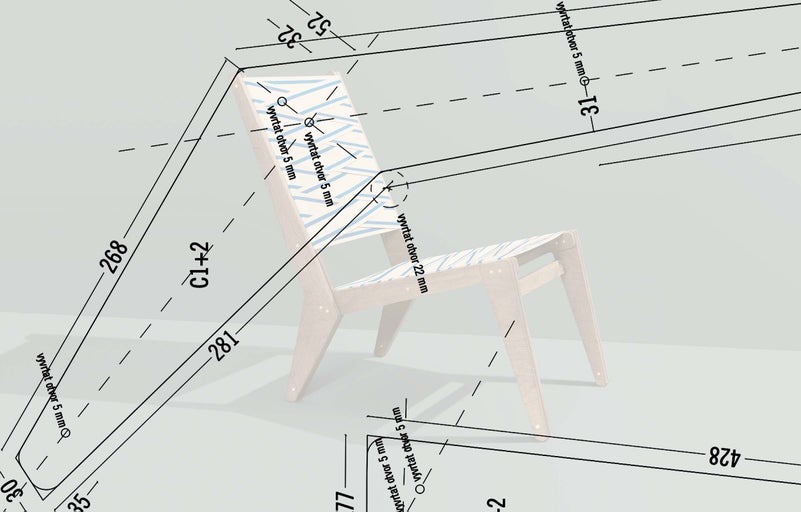 Technický nákres dřevěné židle s rozměry