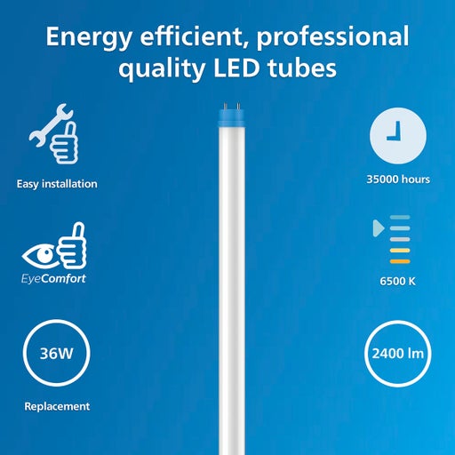 Energeticky úsporná LED trubice s výkonem 36 wattů, světelným tokem 2400 lumenů, teplotou světla 6500 kelvinů a životností 35000 hodin.