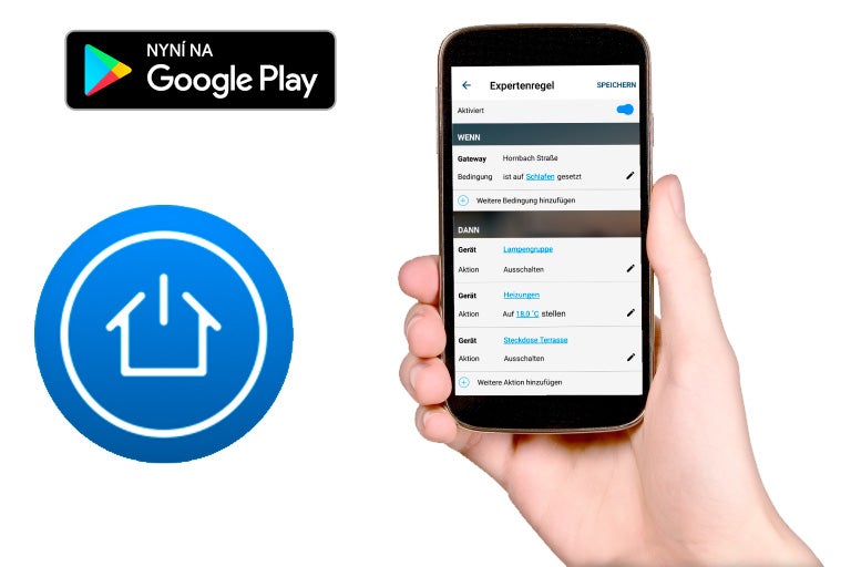 Aplikace pro automatizaci domácnosti na smartphonu s logem Google Play