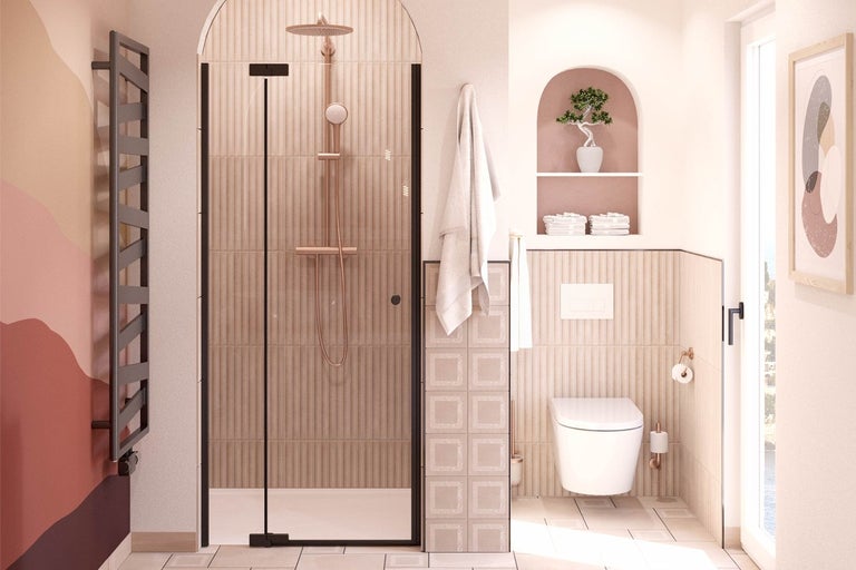 Koupelna se sprchovým koutem, toaletou a radiátorem