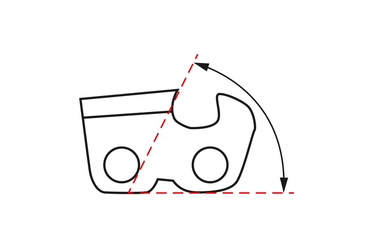 Ilustrace úhlu ostření řezného článku pilového řetězu.