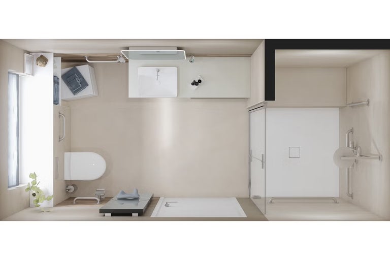 Pohled shora koupelna s toaletou, umyvadlem, sprchou a policemi