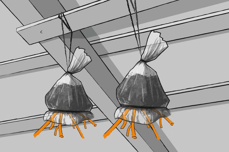 Dva pytle se zeminou a kořeny rostlin visí na dřevěném trámu