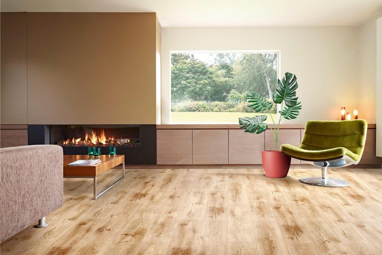 Světlý obývací pokoj s dřevěnou podlahou, krbem a pokojovou rostlinou