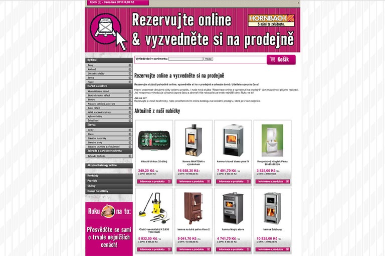 Náhled webshopu Hornbach s online rezervací a výběrem produktů