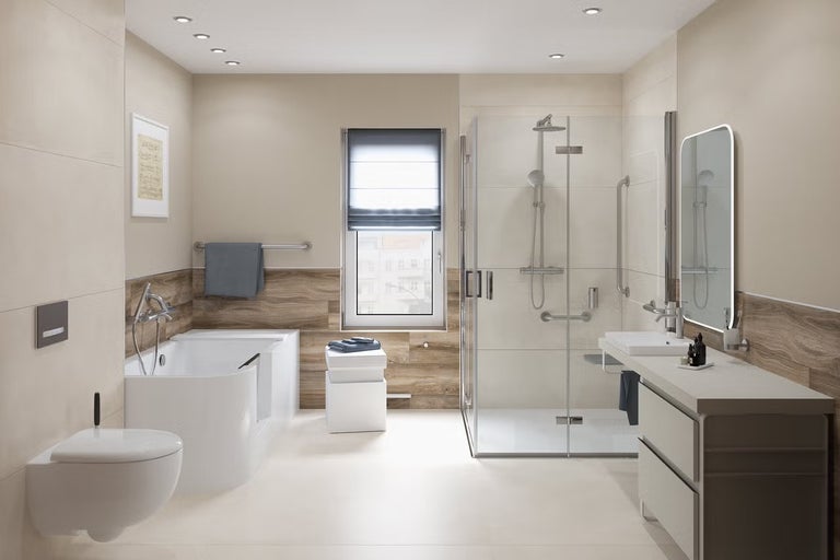 Koupelna s vanou, sprchou, umyvadlem a toaletou ve světlém designu