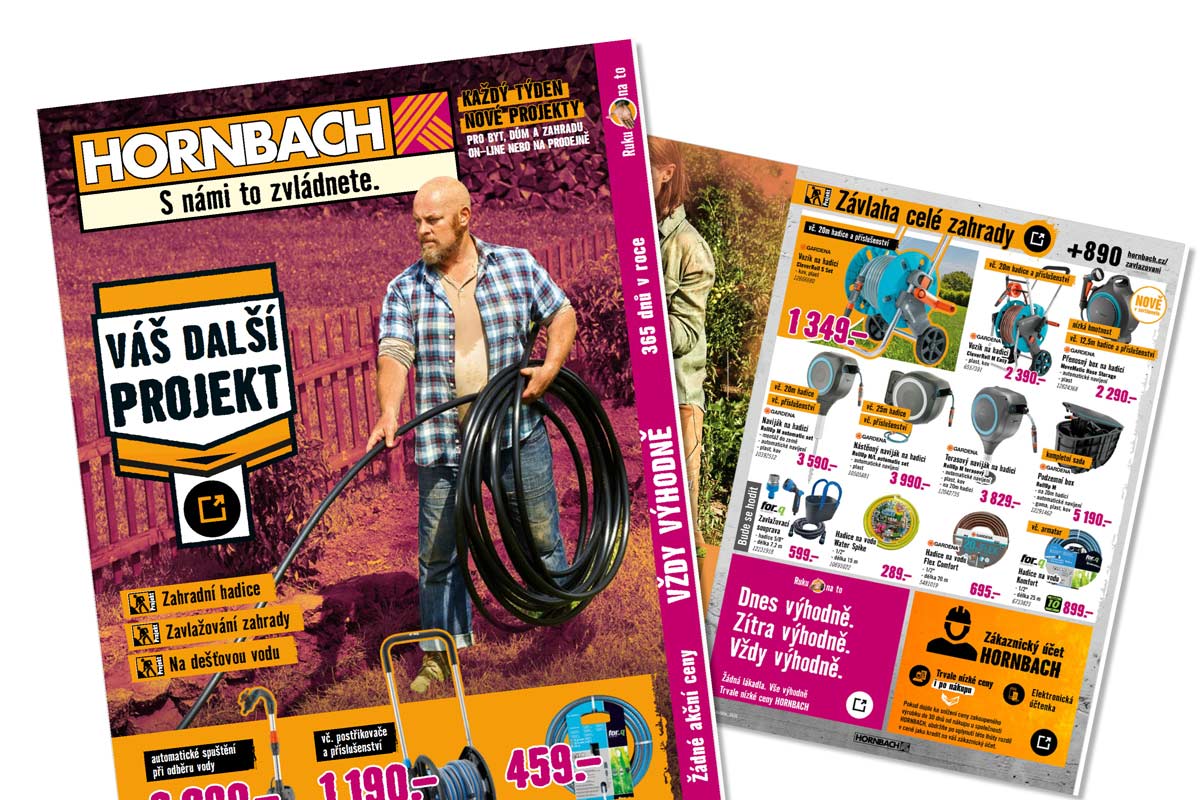 Katalog Hornbach pro zavlažování zahrady se zahradními hadicemi, navijáky a postřikovači včetně cen.