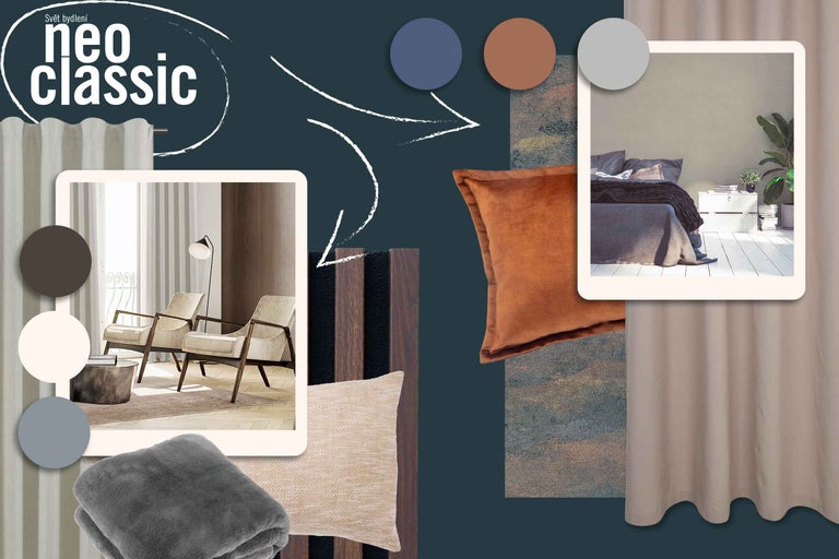 Moodboard s nábytkem a bytovými doplňky pro stylový domov