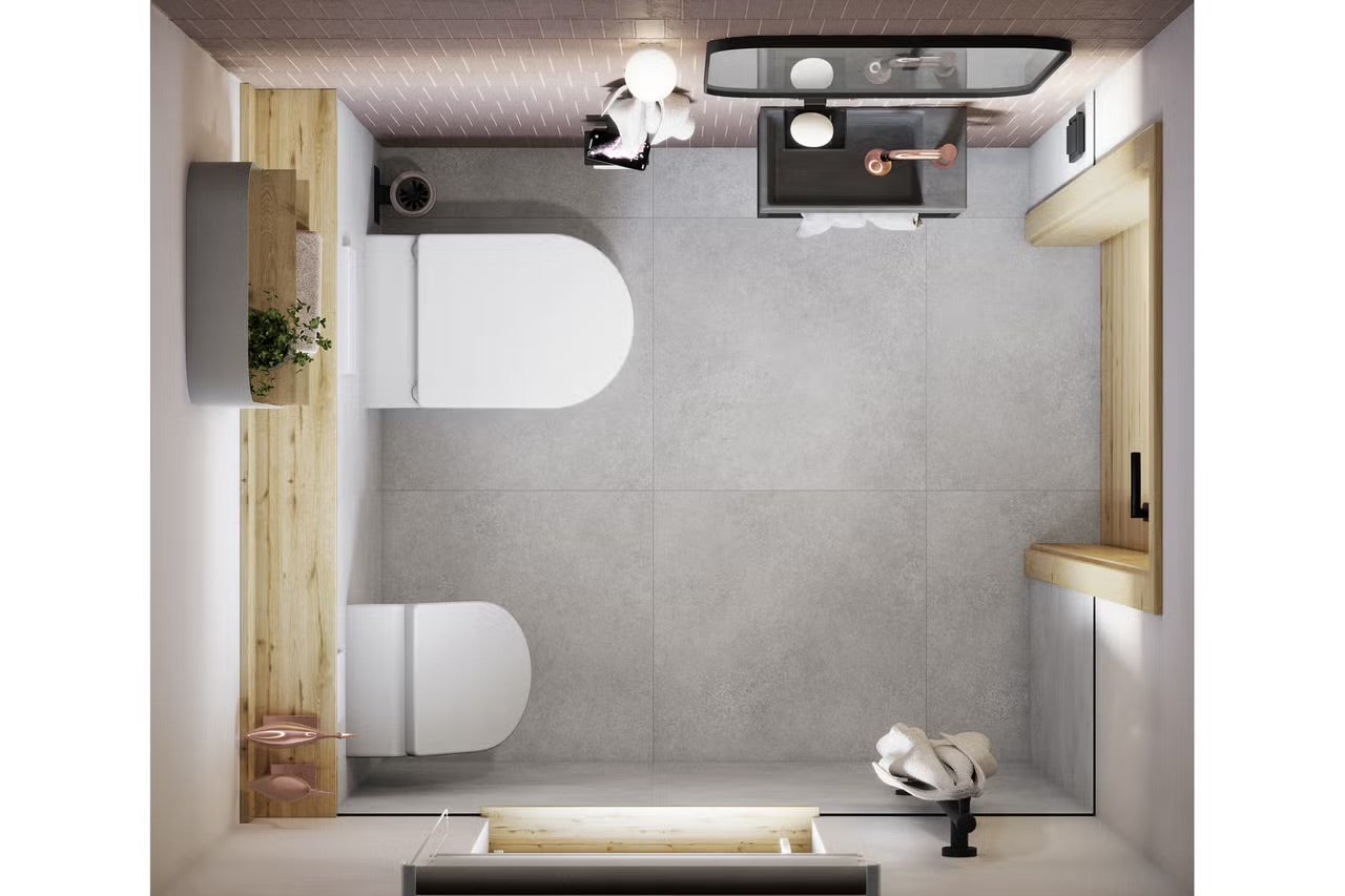 Pohled shora na koupelnu s toaletou, umyvadlem a dřevěnými policemi