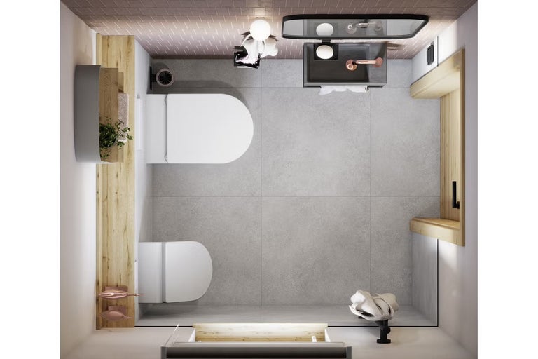 Pohled shora na koupelnu s toaletou, umyvadlem a dřevěnými policemi