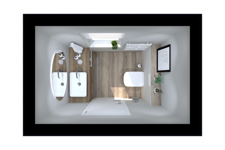 Ptačí perspektiva koupelny s umyvadly, toaletou a dřevěnou podlahou