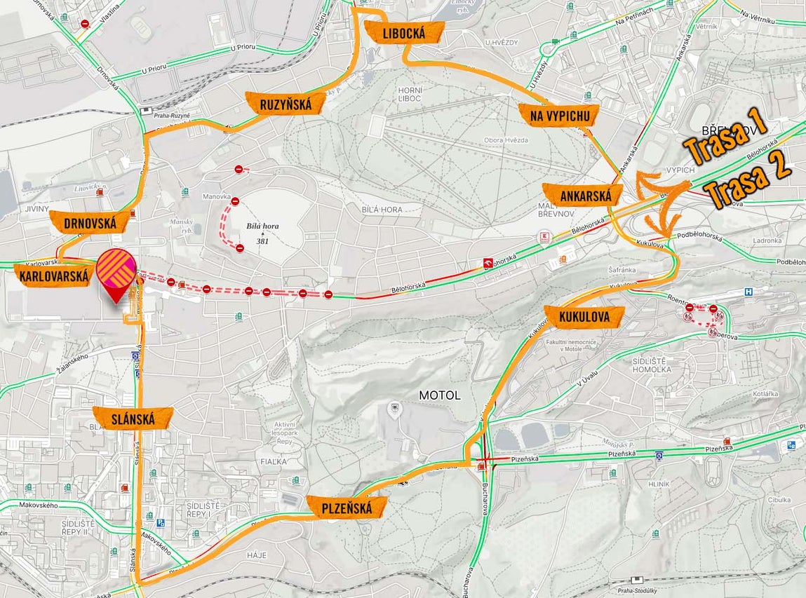 Mapa Prahy se zvýrazněnými trasami