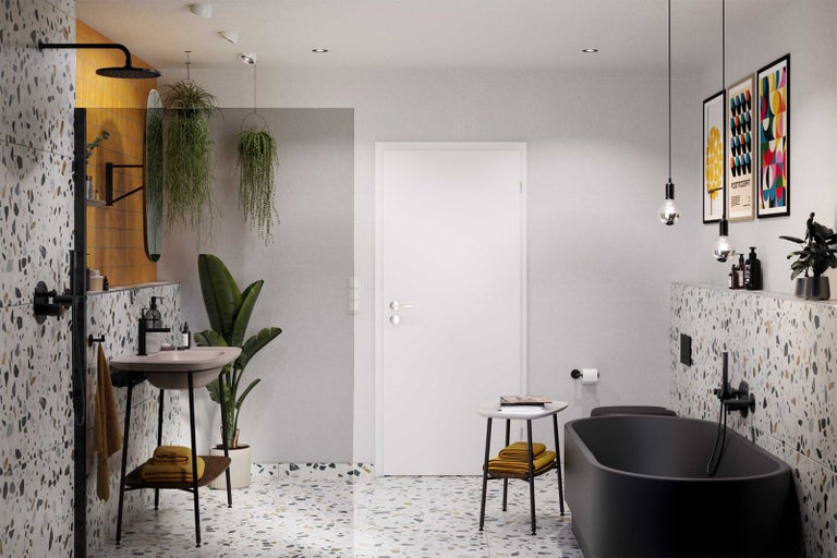 Koupelna s vanou, umyvadlem a teracovou podlahou