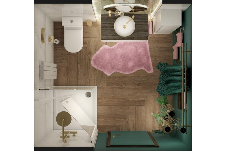 Pohled shora na koupelnu se sprchou, toaletou, umyvadlem a dekoracemi