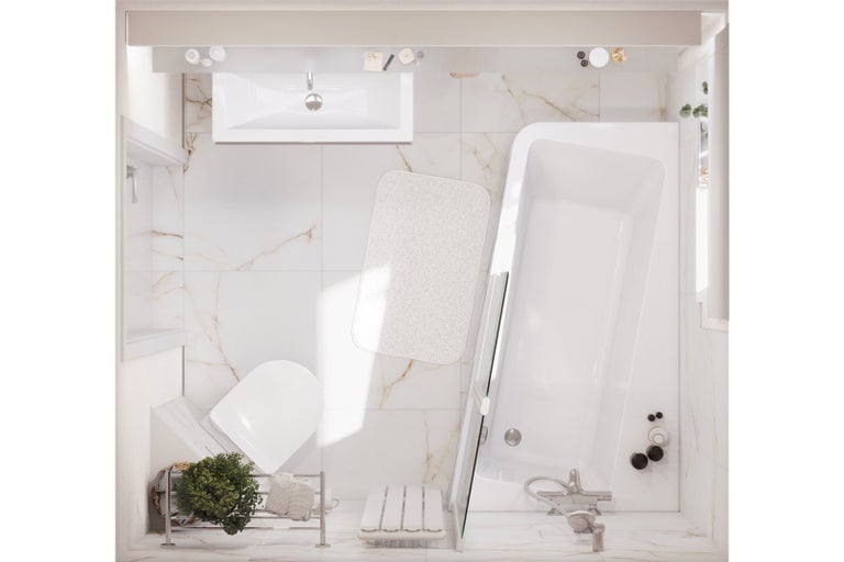 Pohled shora na koupelnu s umyvadlem, toaletou, vanou a koupelnovou předložkou