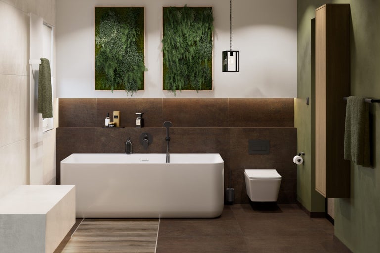 Koupelna s vanou, toaletou, umyvadlem a obrazy rostlin na zdi