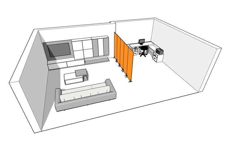 Vizualizace obývacího pokoje s pohovkou, stolem, mediální skříňkou a pracovním prostorem s psacím stolem, kancelářskou židlí a děličem místnosti