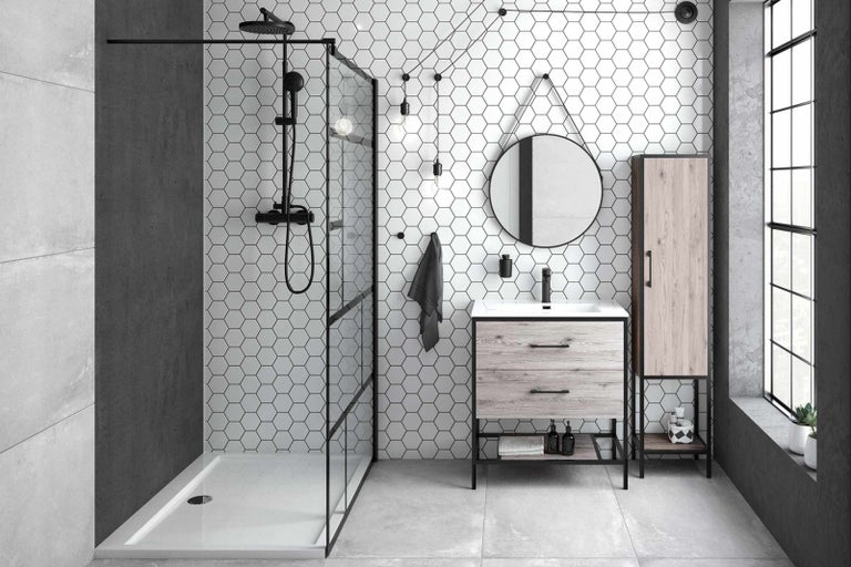 Koupelna se sprchou, umyvadlem, zrcadlem a skříňkou v moderním designu