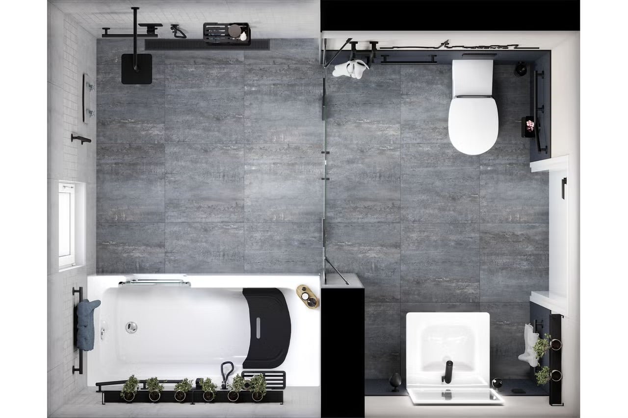 Pohled shora na koupelnu s vanou, toaletou a umyvadlem