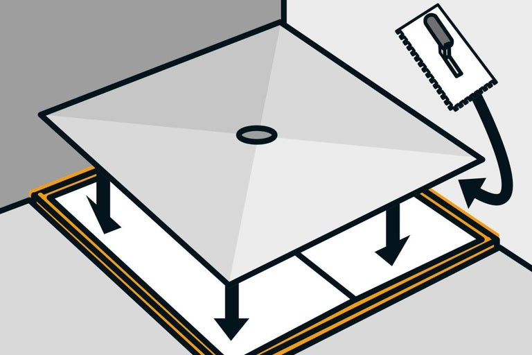 Ilustrace sprchové vaničky instalované pomocí lepidla na dlaždice a špachtle.