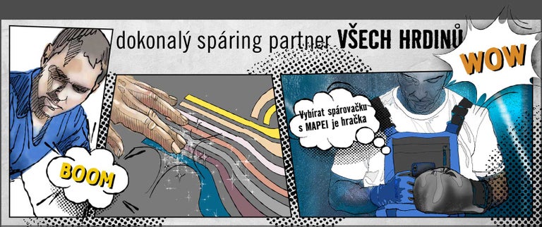 Ilustrace spárovací hmoty Mapei v komiksovém stylu
