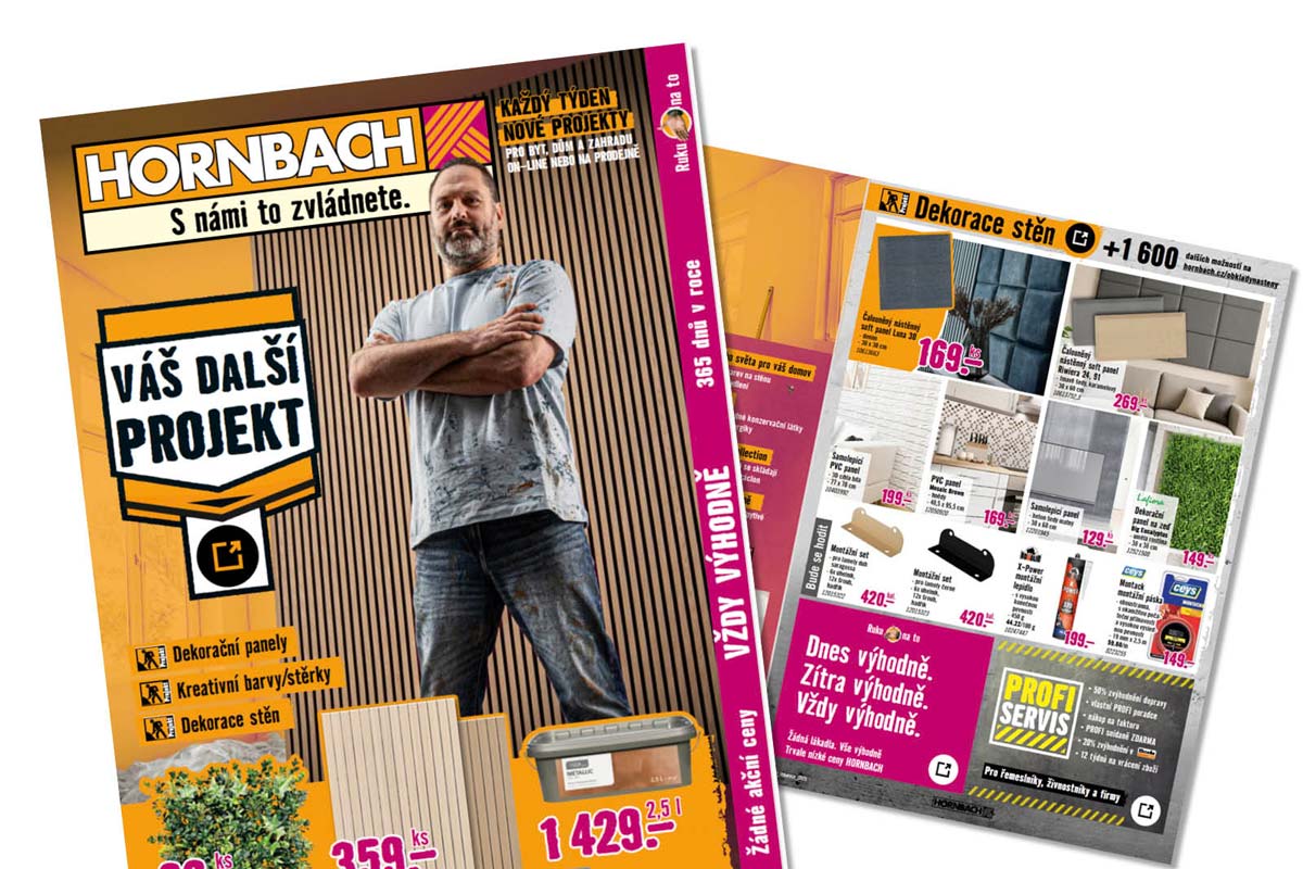 Hornbach reklamní leták s kutilam, nástěnnými panely, montážními sadami a nabídkami profesionálních služeb.