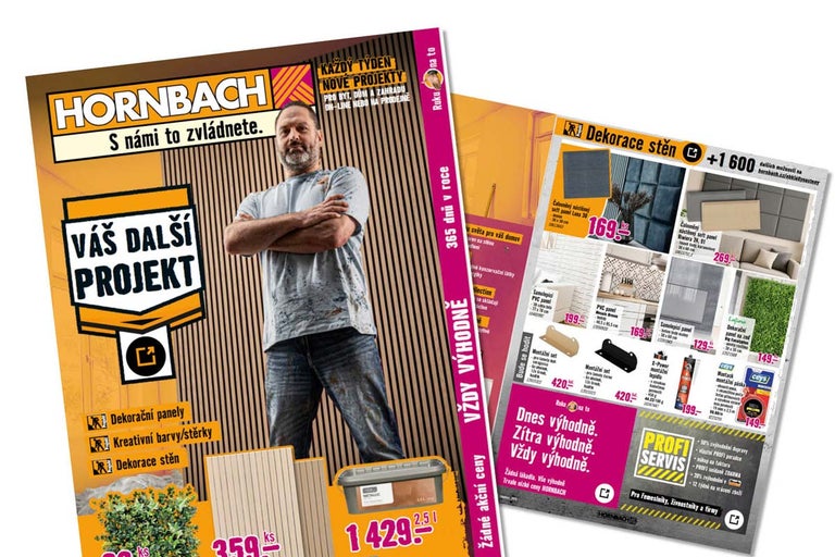 Hornbach reklamní leták s kutilam, nástěnnými panely, montážními sadami a nabídkami profesionálních služeb.