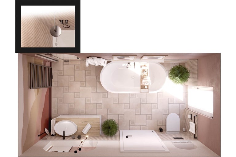 Pohled shora na koupelnu s vanou, umyvadlem, toaletou a sprchovým koutem