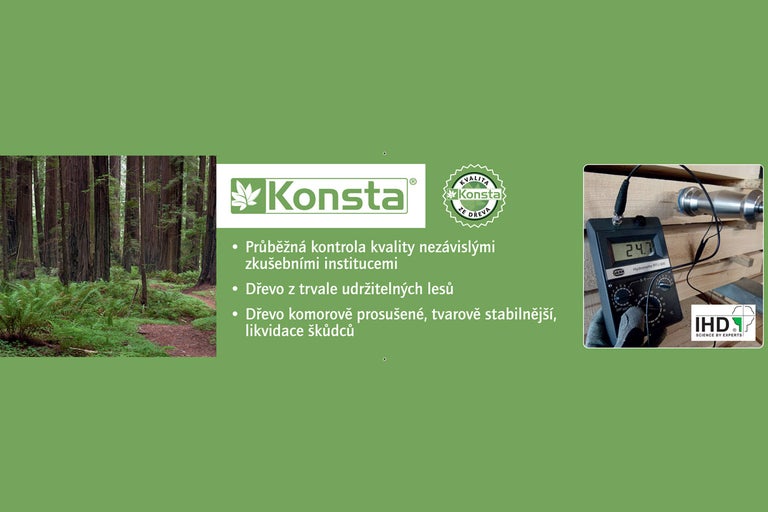 Logo Konsta, pečeť kvality, dřevo z trvale udržitelných lesů, likvidace škůdců, kontrola kvality nezávislými institucemi, vlhkoměr, logo IHD