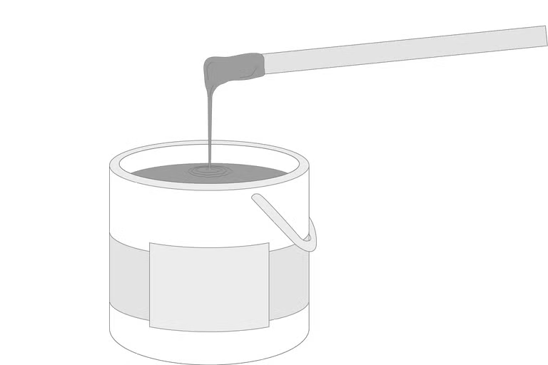 Ilustrace kbelíku na barvu s míchací tyčinkou, ze které odkapává barva do nádoby.