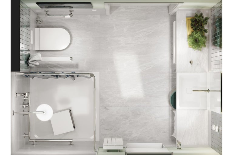 Pohled shora na světlou koupelnu s toaletou, sprchou, umyvadlem a šedými dlaždicemi.