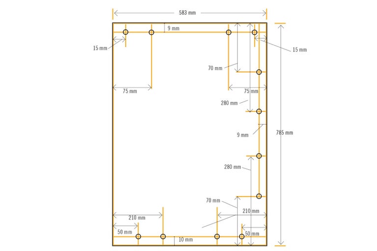 Diagram s rozměry nábytku, včetně délky, šířky a umístění upevňovacích bodů.