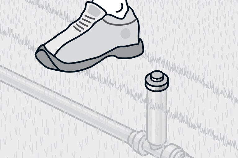 Ilustrace osoby, která omylem šlápla na zavlažovací systém