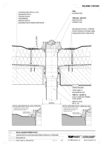 Nákres střešního odvodnění s PVC izolací, tepelnou izolací a betonovou konstrukcí