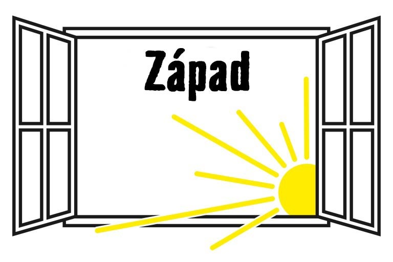 Nákres okna se slunečním východem a slovem Západ