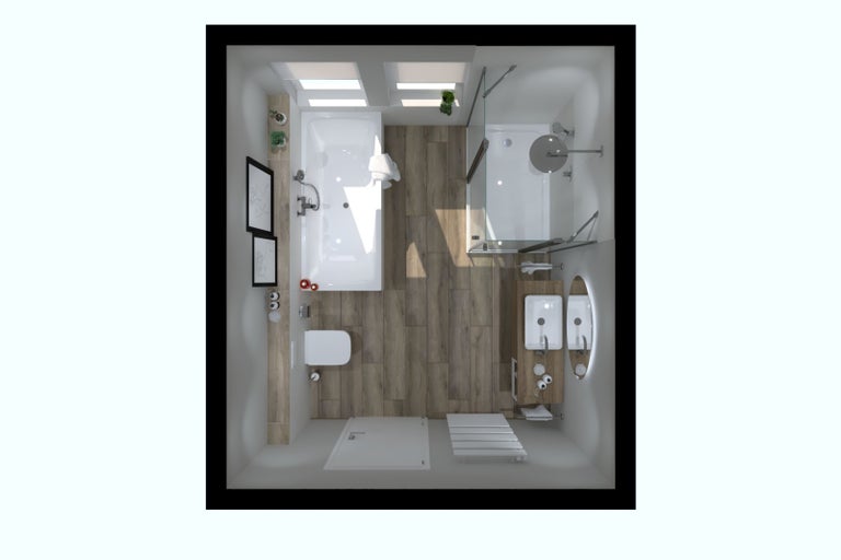 Pohled shora na koupelnu s vanou, sprchou, umyvadlem, toaletou a radiátorem