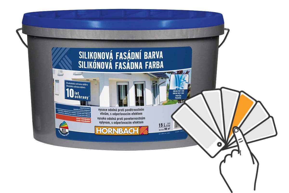 Kbelík silikonové fasádní barvy s vějířem barev a logem Hornbach