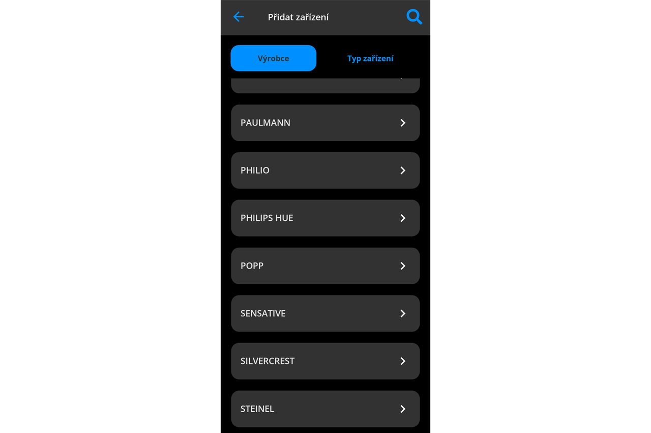 Zobrazení smartphonu pro výběr zařízení podle výrobce