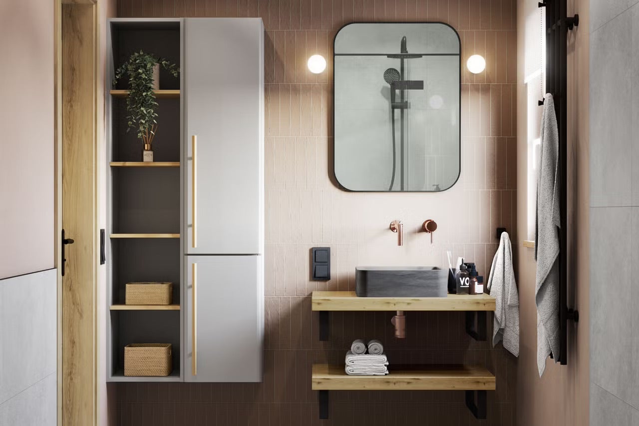 Moderní koupelna s umyvadlem, zrcadlem, radiátorem a koupelnovou skříňkou pro stylový vzhled