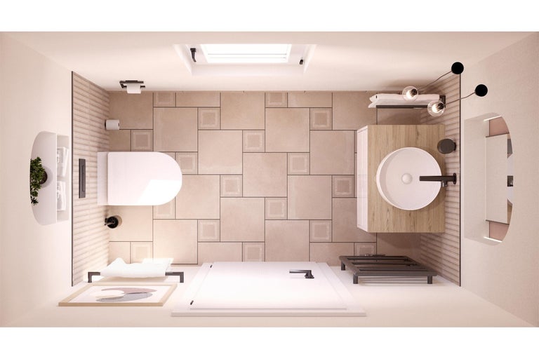 Koupelna s toaletou, umyvadlem, sprchou a střešním oknem ve stropě.