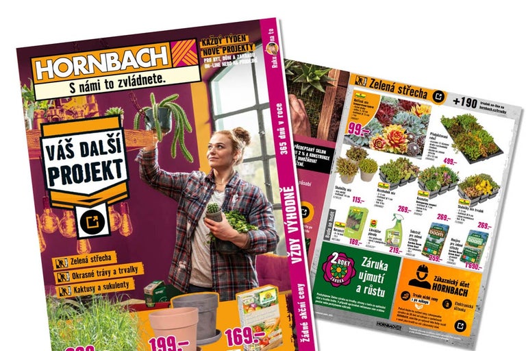 Leták Hornbach s titulem Váš další projekt a produktovou stránkou pro zelené střechy s různými rostlinami.