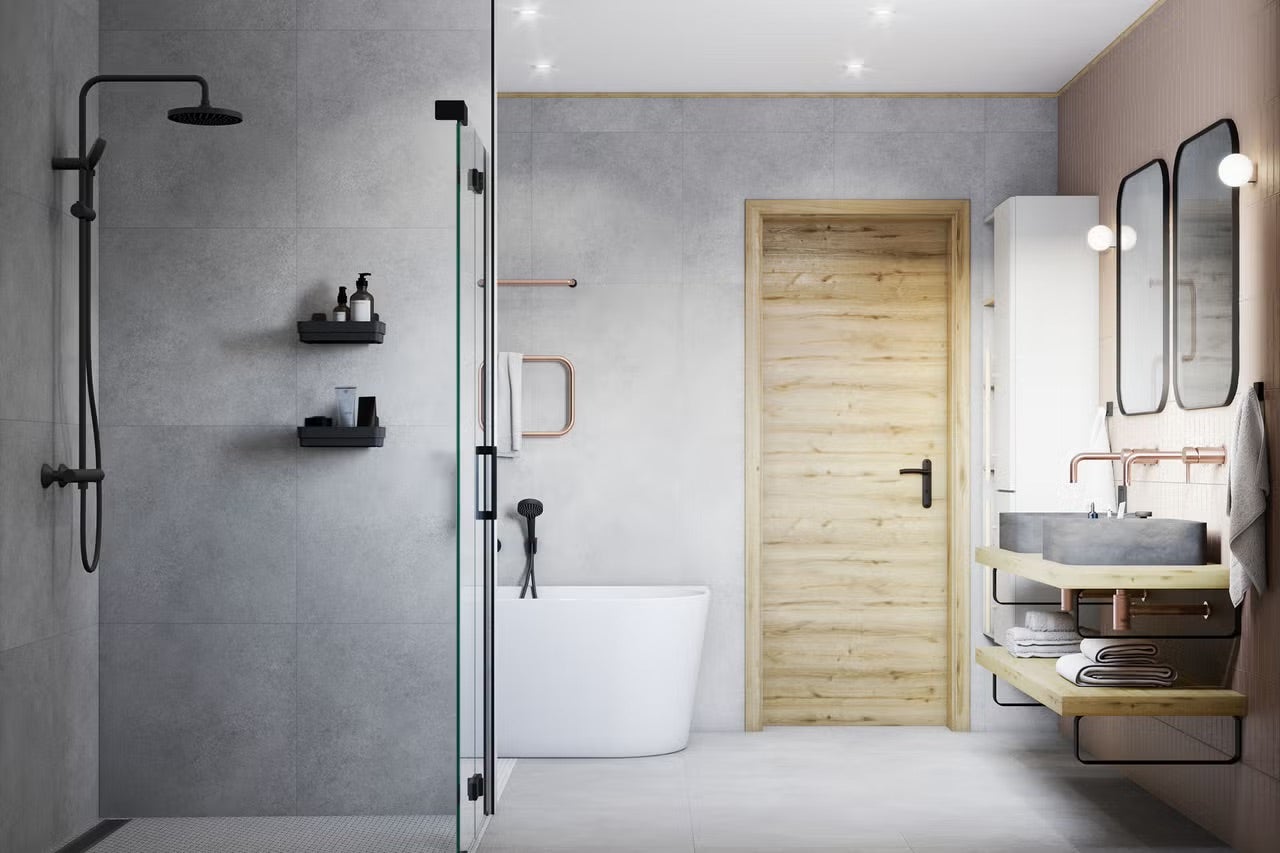 Moderní koupelna se sprchou, vanou, umyvadlem a zrcadlem