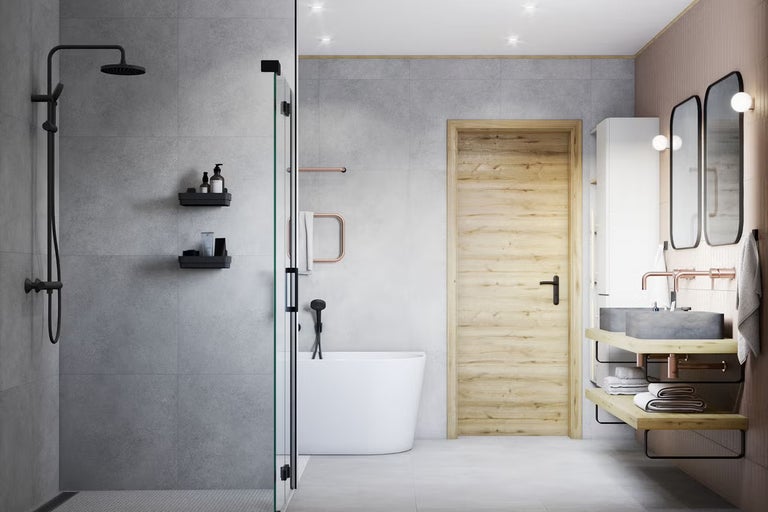 Moderní koupelna se sprchou, vanou, umyvadlem a zrcadlem