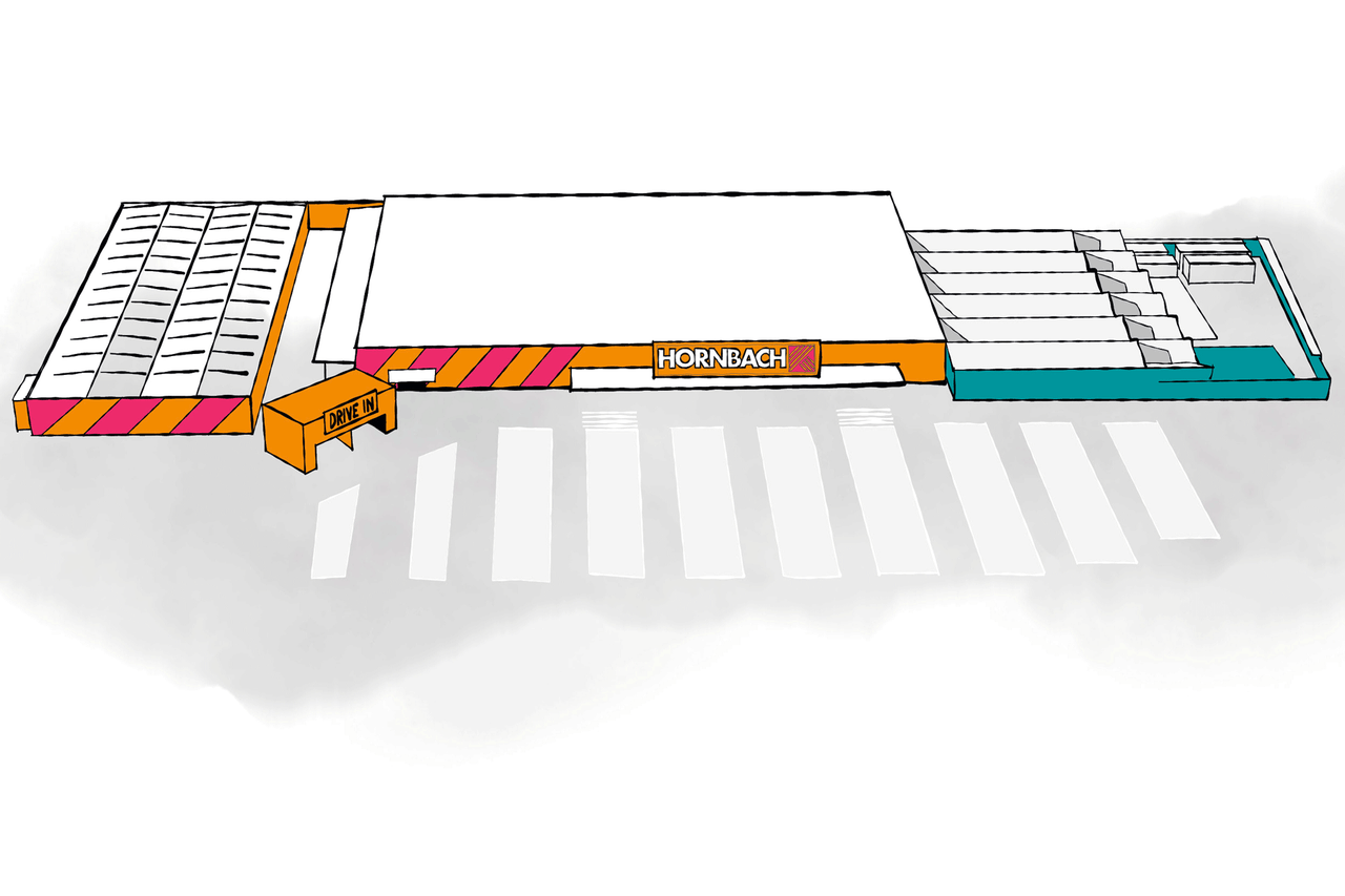 Přehled hobbymarketu Hornbach s parkovištěm a Drive In