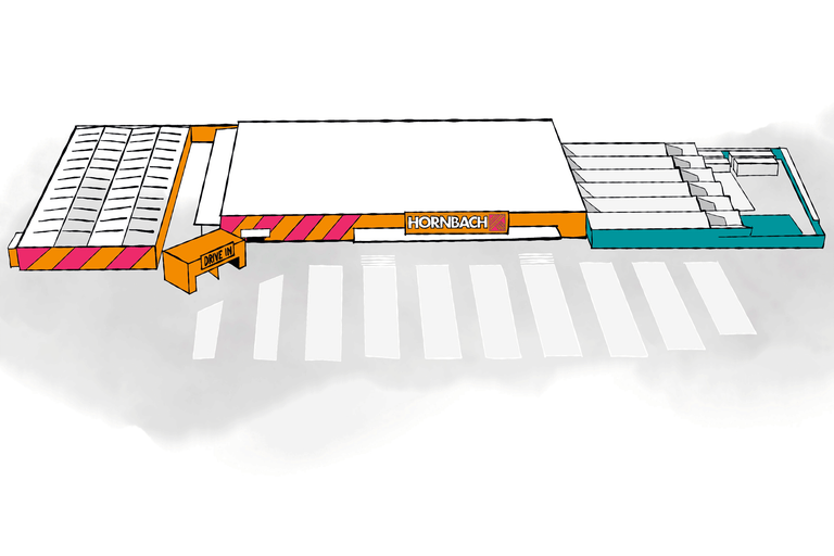 Přehled hobbymarketu Hornbach s parkovištěm a Drive In